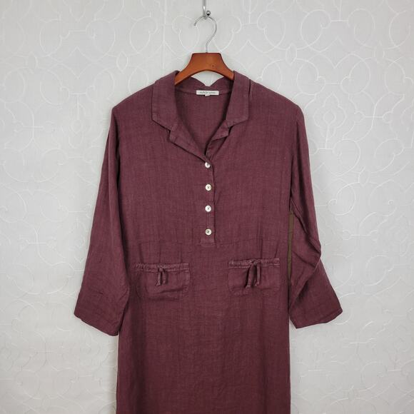 VTG Subtle Tones Linen Shirt Dress Womens S/M Purple Button Front Lagenlook Maxi - Picture 9 of 14